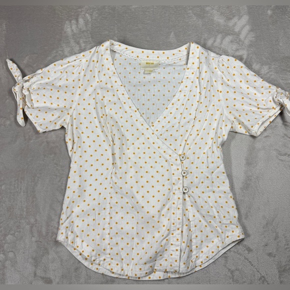 Anthropologie Maeve Linen Blend Louise Polka Dot Wrap Puff Sleeve Retro Top 4 - Picture 2 of 16